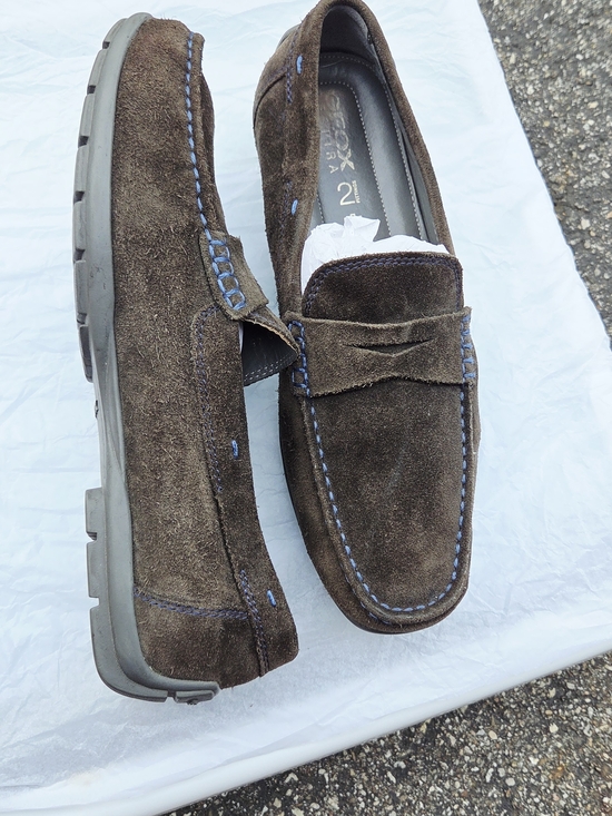 Geox Men\'s Dark Brown Suede Penny Loafers with Blue Stitching